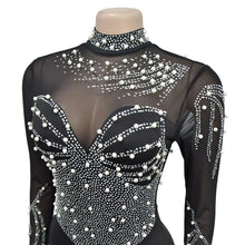 Load image into Gallery viewer, Pearls Rhinestone Romper for Women Jumpsuits Mesh See Through Skinny One Piece Overalls
