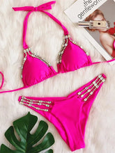 Load image into Gallery viewer, Sexy Rhinestone Bikini Set Shinny Hot Pink Push Up Thong Swimsuit
