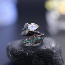 Load image into Gallery viewer, June Birthstone Milky Blue Moonstone Delicate Handmade Ring Sterling Silver Adjustable Feather Ring Gift For Her