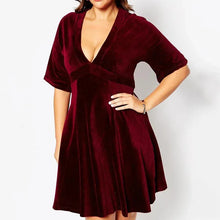 Load image into Gallery viewer, Plus Size Half Raglan Sleeve Elegant Velvet Dress Women V-neck Fit Flare A-line Party Dress
