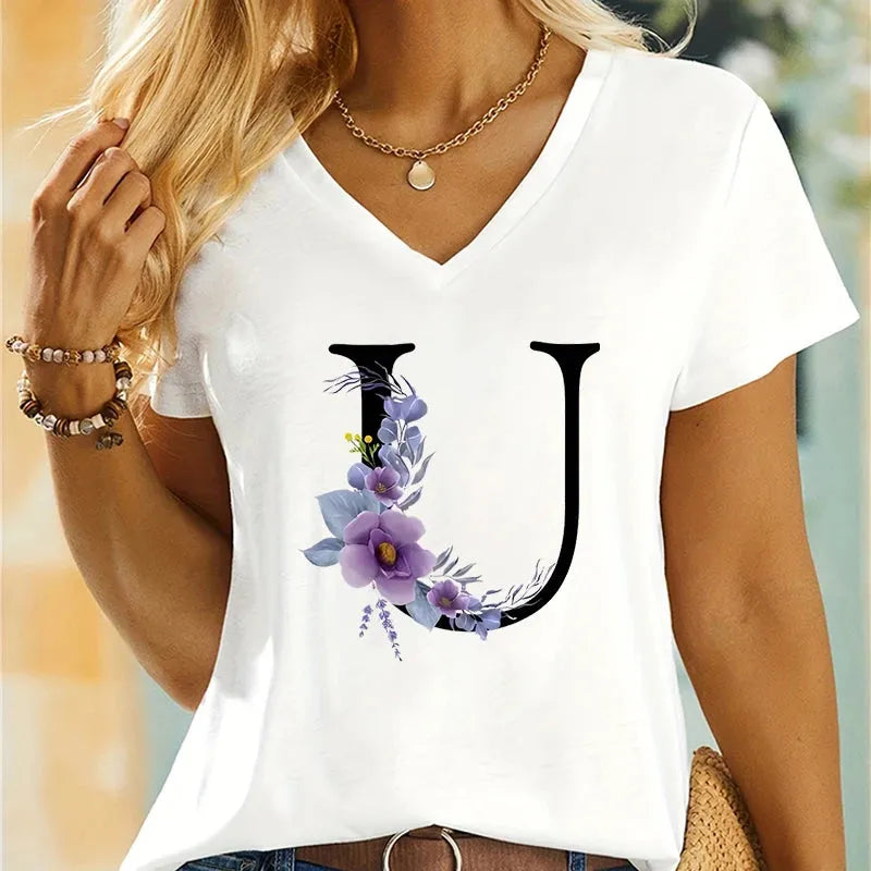 Women's Clothing A-Z 26 Alphabet Flower Premium Summer T-shirt - Shop & Buy