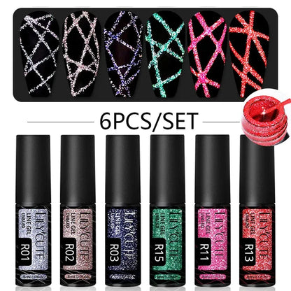 6Pcs/Set Reflective Colorful Liner Gel Nail Polish Kit Sparkling Glitter Flower Drawing Painting Stripe Pull Line Gel - Shop & Buy