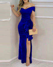 Load image into Gallery viewer, Women Long Dress Fashion Velvet Off Shoulder Ruffle Hem Split Maxi Dress
