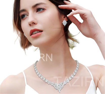 Luxury Bridal Jewelry Set Cubic Zirconia 2pcs Necklace and Earrings Sets for Wedding Pageant Party