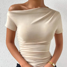 Load image into Gallery viewer, Solid One Shoulder T-shirt, Elegant Short Sleeve Ruched Top For Spring &amp; Summer, Women&#39;s Clothing
