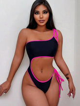 Load image into Gallery viewer, Sexy Black One Piece Swimsuit Women Single Shoulder Rose Red Bandage Lace-up Bikini Monokini
