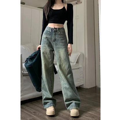 Vintage 90S Baggy Straight Denim Trousers Female Y2K High Waist Loose Wide Leg Jeans