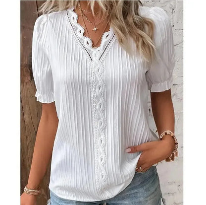 Women's Summer New Top Solid Sexy V-Neck Hollow Short Sleeve Shirt Fashion Splice Plus Size Blouse - Shop & Buy