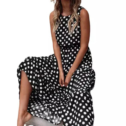 Women Y2K Long Skirt Printed Polka Dot Dress Round Neck Tank Skirt Elegant Female Dress Summer Sleeveless Outfits - Shop & Buy