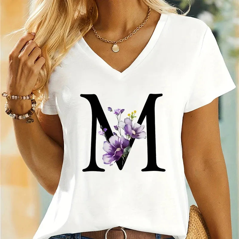 Women's Clothing A-Z 26 Alphabet Flower Premium Summer T-shirt - Shop & Buy