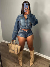 Load image into Gallery viewer, Stretch Denim Short 2 Piece Set Women 2024 New Spring Zipper Crop Top + Shorts Slim Clubwear Outfits Vintage Streetwear Suits