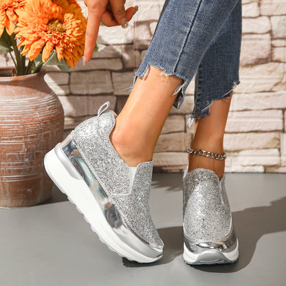 Fashion Glitter Platform Sneakers Women Casual Thick Bottom Slip On Walking Shoes Woman Anti Slip Silver Sports Shoes Plus Size