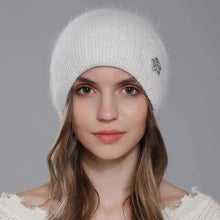 Load image into Gallery viewer, Hat For Women Winter Warm Fashion With Diamond Flower Beanies Knitted Angora Long Rabbit Fur Hats Double Layer Ladies Cap
