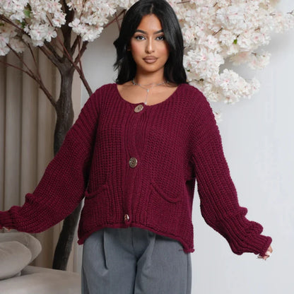 Woman Burgundy Crochet Cardigan For Women Autumn Cropped Knit Outerwears Loose O-Neck Long Sleeve Top Women Knitwears