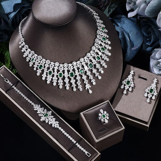 4pcs Bridal Zirconia Full Jewelry Sets For Women Party, Dubai Nigeria CZ Crystal Wedding Jewelry Sets