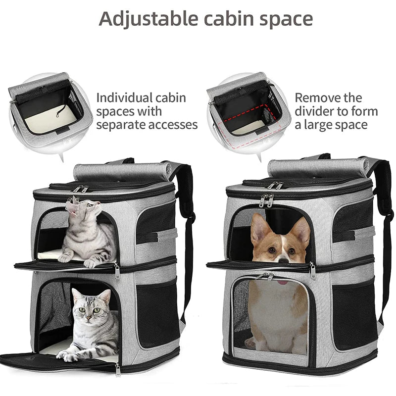 Double-Compartment Pet Carrier Backpack for Small Dogs and 2 Cats Super Ventilated Design Outdoor Cat Backpack Carrier Dog Bags