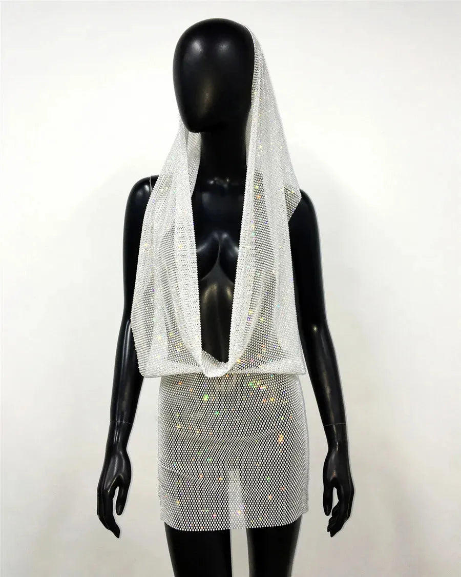 Y2K Streetwear See Through Mesh Women Dress Shiny Rhinestone Bandana Head Wraps Dress - Shop & Buy