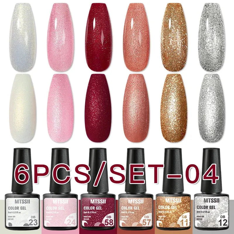 6PCS/Set Red Gel Nail Polish Set Glitter Sequins Semi Permanent Base Matte Top Coat Soak Off LED UV Nail Art Gel Varnish - Shop & Buy