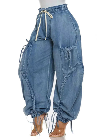 Casual Women's Blue Leg Tied Pants with Bow Loose and Slimming Straight Leg Jeans