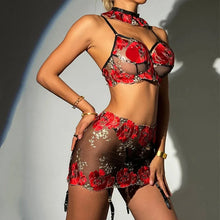 Load image into Gallery viewer, New Floral Embroidery Sexy Straps Short Skirt Underwear Erotic Four-piece Set
