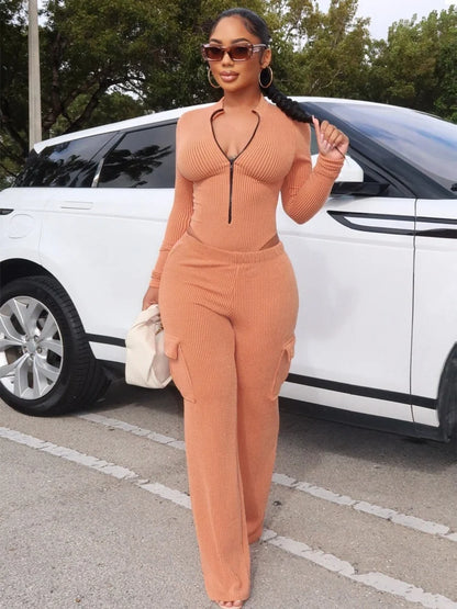 Women Two-piece Elastic Twisted Strip High Waisted Long Sleeved Jumpsuit Work Pants Set