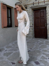 Load image into Gallery viewer, Women Elegant Ruffle Hem Knit Long Dress O-neck Flare Sleeve Backless Lace-up Dresses
