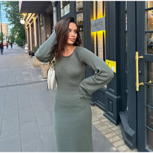 Load image into Gallery viewer, Women Elegant Ruffle Hem Knit Long Dress O-neck Flare Sleeve Backless Lace-up Dresses
