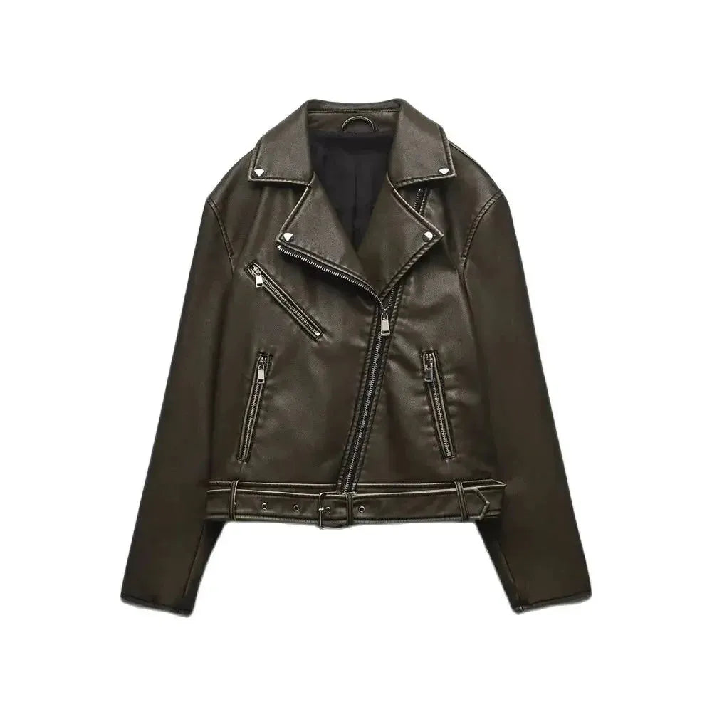 Women's Imitation Leather Jacket, Motorcycle Style, Versatile Lapel, Distressed Effect, Short Style - Shop & Buy