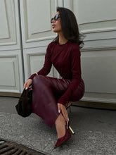 Load image into Gallery viewer, New Vintage Wine Red Pu Leather Skirt Women Elegant Bodycon High Waist Long Skirts
