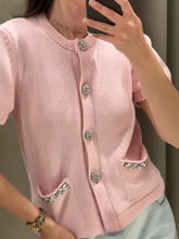 Load image into Gallery viewer, Summer New Ruili Sweet Round Neck Short Sleeve Double Pocket Rhinestone Knitted Cardigan
