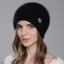 Load image into Gallery viewer, Hat For Women Winter Warm Fashion With Diamond Flower Beanies Knitted Angora Long Rabbit Fur Hats Double Layer Ladies Cap
