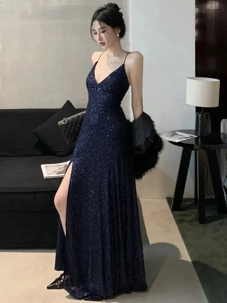 Women's Backless V-Neck Split Maxi Dress Sexy Slim Evening Gown Luxury Dresses - Shop & Buy