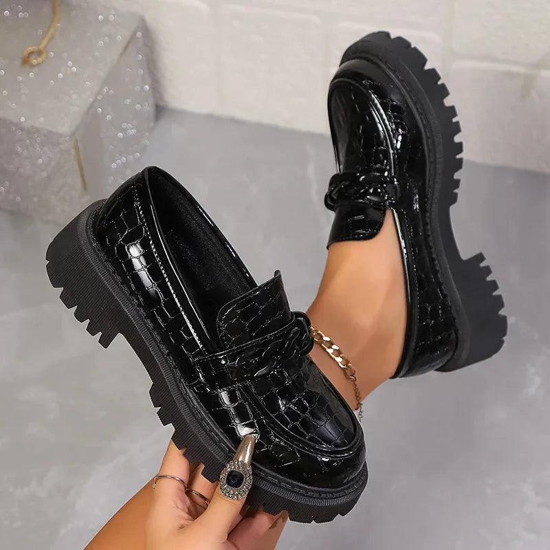 Women's Chain Decor Platform Loafers Fashion Black Patent Leather Dress Shoes Woman Comfortable Slip On Flat Shoes - Shop & Buy