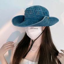 Load image into Gallery viewer, Cowboy Bucket Hat with String Men Denim Beach Sun Hat for Women Outdoor Hiking Fisherman Hat
