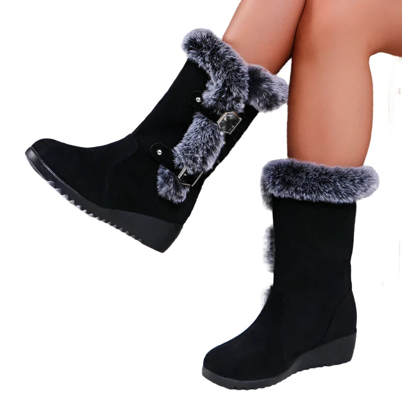 Women's Wedge Heeled Snow Boots Fashion Buckle Design Faux Fur Mid Calf Boots - Shop & Buy