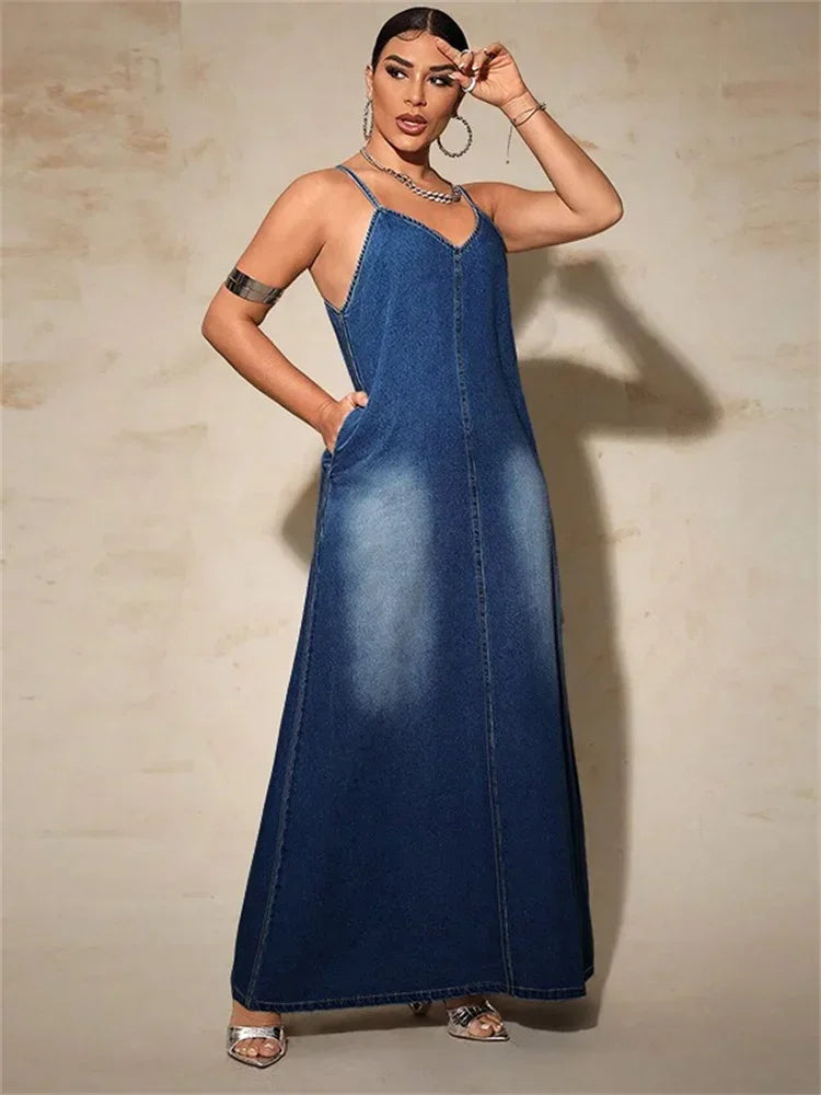 Plus Size Denim Dresses for Women Summer Slip Short Sleeve Casual Loose V Neck Maxi Dress