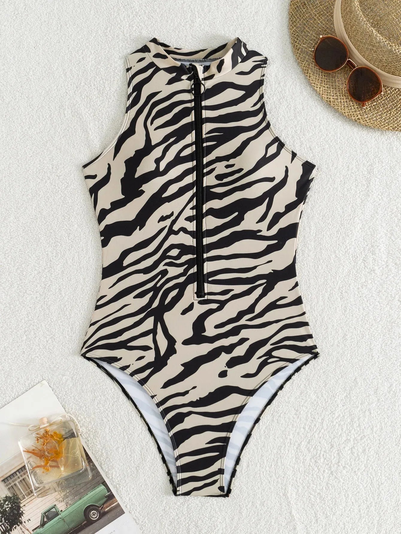 Zebra Stripe Print One Piece Swimsuit for Women Slim Zipper Monokini - Shop & Buy