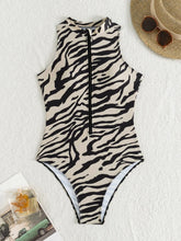 Load image into Gallery viewer, Zebra Stripe Print One Piece Swimsuit for Women Slim Zipper Monokini
