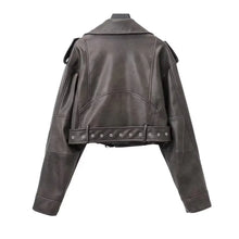 Load image into Gallery viewer, Autumn Leather Jacket Motorcycle Style Lapel Long Sleeves with Belt Zipper Faux Leather Jacket Outerwear
