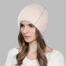 Load image into Gallery viewer, Women Angora Rabbit Fur Hat Winter Knitted Warm Beanies Fashion Luxury Designer Hats For Female With Pearl Diamond Cap
