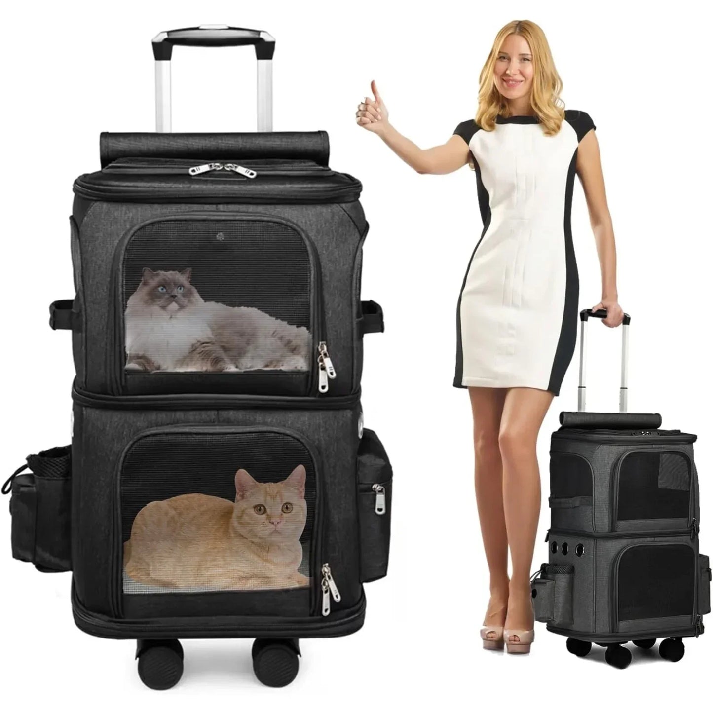 Double compartment cat backpack, large space, pet trolley case with wheels, pet backpack,backpack for cats pet carrier,backpack