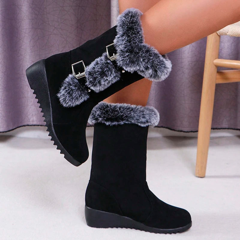 Women's Wedge Heeled Snow Boots Fashion Buckle Design Faux Fur Mid Calf Boots - Shop & Buy