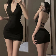 Load image into Gallery viewer, Women Sexy Halter Backless Slim V-neck Wrap Black Party Night Mini Dress
