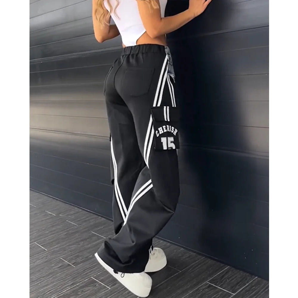 Fashionable Women Denim Patchwork Side Pocket Patchwork Loose Trousers Splicing Sweatpants Wide Leg Straight Hip Hop Pants