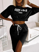 Load image into Gallery viewer, Plus Size Two Piece Good Viber One Shoulder Letter Print Set Crop Top+High Split Skirt
