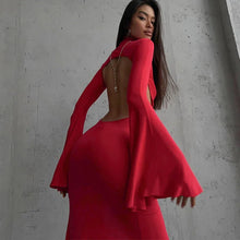 Load image into Gallery viewer, Open Back Sexy Split Maxi Dress Elegant Outfits for Women Chic Flare Sleeve Party Club Fashion Red Dresses
