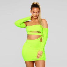 Load image into Gallery viewer, Neon Green Off Shoulder Tight Robe for Women Sexy Nightclub Full Sleeve Hollow Out Party Skinny Mini Dresses
