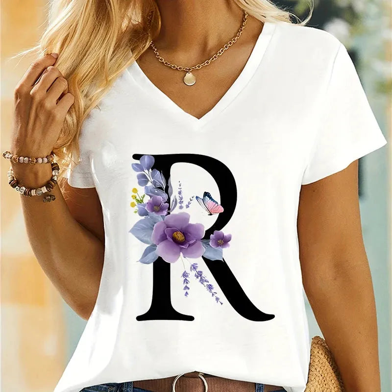 Women's Clothing A-Z 26 Alphabet Flower Premium Summer T-shirt - Shop & Buy