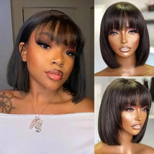 Load image into Gallery viewer, Straight Bob Wig with Bangs Straight Glueless Wigs 100% Human Hair Natural Black Short Bob Human Hair Wig
