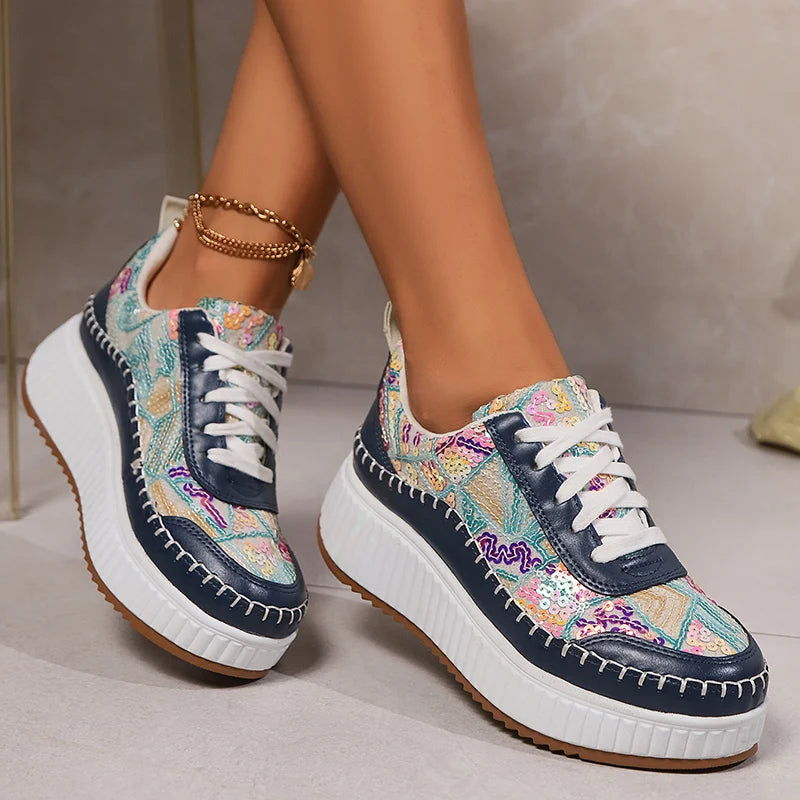 Fashion Colored Sequins Platform Sneakers Women Thick Bottom Lace Up Walking Shoes Woman Comfort Non Slip Sports Shoes Ladies